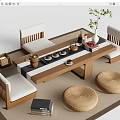 Natural Wooden Tea Table and Chairs with White Cushions Woven Stools Tea Set Green Plant