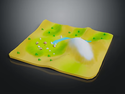 Little Sheep Grazing on Green Grassland Near Blue River and White Hill 3d model