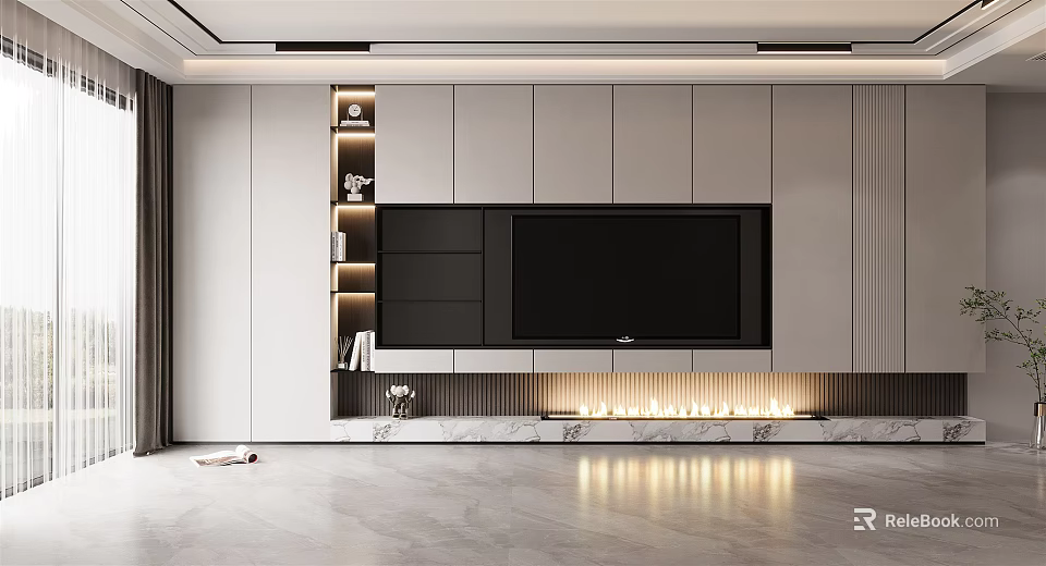 Modern TV Wall Design With White Black Cabinets Lit Shelves Fireplace And Marble Floor 3d model 