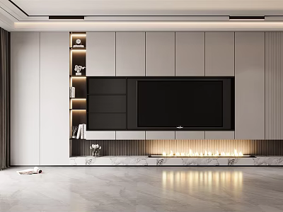 Modern TV Wall Design With White Black Cabinets Lit Shelves Fireplace And Marble Floor 3d model