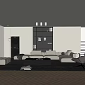 Modern Living Room Interior With White Sofa Black Shelving Unit And Gray Rug