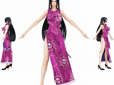 Game Movie Character in Purple Dress with Skull Patterns Long Black Hair High Heels 3d model