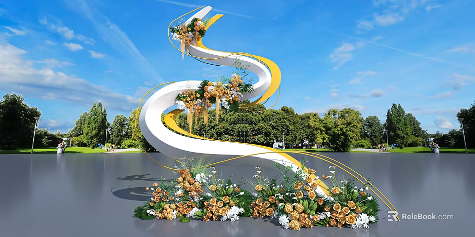 Spiral White Yellow Flower Decorated Photo Spot With Blue Sky And Green Trees 3d model 