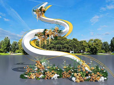 Spiral White Yellow Flower Decorated Photo Spot With Blue Sky And Green Trees 3d model