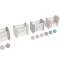 White Baby Crib with Gray Padded Sides Rolling Wheels and Vertical Slats Design