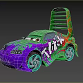 Animated Purple and Green Car with Klik Graphics and Ladder Structure on Roof