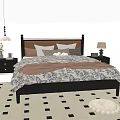 Double Bed with Black Frame Brown White Quilt Pillows Nightstands Lamps on Checkered Rug