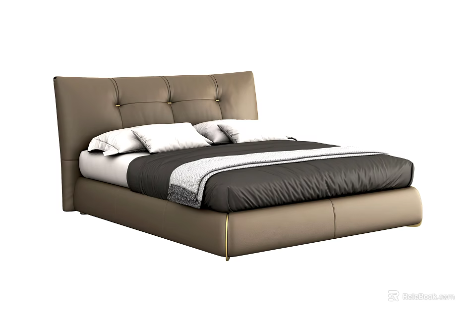 Modern Minimalist Double Bed With Brown Leather Tufted Headboard White Pillows And Dark Striped Comforter 3d model 