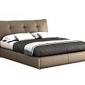 Modern Minimalist Double Bed With Brown Leather Tufted Headboard White Pillows And Dark Striped Comforter