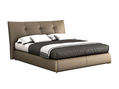 Modern Minimalist Double Bed With Brown Leather Tufted Headboard White Pillows And Dark Striped Comforter 3d model