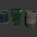 Blue Wooden Bucket Green Mesh Trash Can And Brown Wooden Barrel In Kitchen Scene