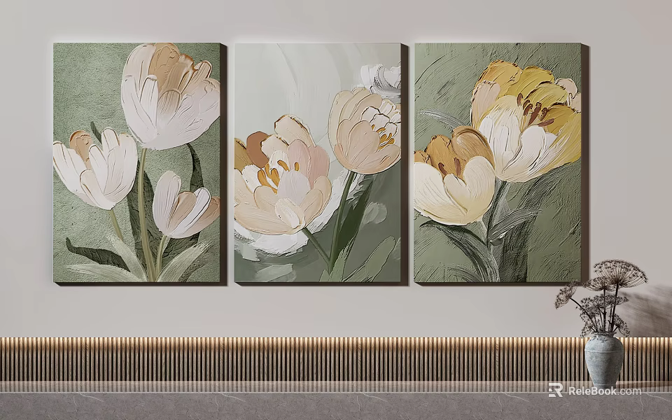 Botanical Triptych Plant Paintings With Soft White Beige Yellow Tulips And Green Background 3d model 