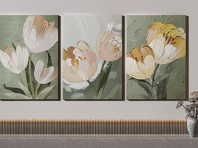 Botanical Triptych Plant Paintings With Soft White Beige Yellow Tulips And Green Background 3d model