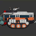 Toy Vehicle with Orange and Silver Body Multiple Wheels and Top Mechanical Equipment