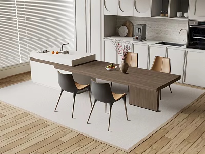 Modern Kitchen Bar Counter With Fruits Chairs White Cabinets Wooden Floor Window Blinds 3d model