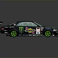 Monster Energy Modified Race Car With Black Body And Green Wheels
