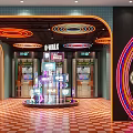 Public Facility With Circular Neon Ceiling Lights Multi Level Display And Checkered Floor