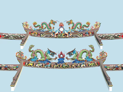 Ornate Traditional Architectural Brackets With Mythical Dragon Carvings And Colorful Decorative Paintings 3d model