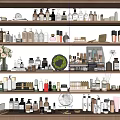 Elegant Perfumes And Cosmetics Display On Multi Layer Shelf With Various Bottles