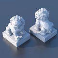 Garden Ornaments Featuring Carved Stone Lions on Decorative Pedestals Blue Background