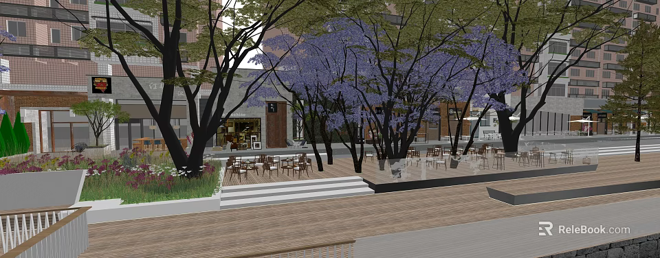 Waterfront Landscape With Purple Flower Trees Outdoor Seating Wooden Deck Steps And Leisure Space 3d model 