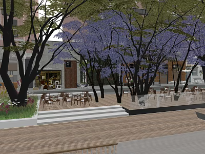 Waterfront Landscape With Purple Flower Trees Outdoor Seating Wooden Deck Steps And Leisure Space 3d model