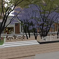 Waterfront Landscape With Purple Flower Trees Outdoor Seating Wooden Deck Steps And Leisure Space