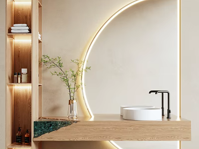 Elegant Washbasin Design With Wooden Countertop Circular Ring Light Mirror And Green Plant 3d model