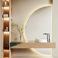 Elegant Washbasin Design With Wooden Countertop Circular Ring Light Mirror And Green Plant