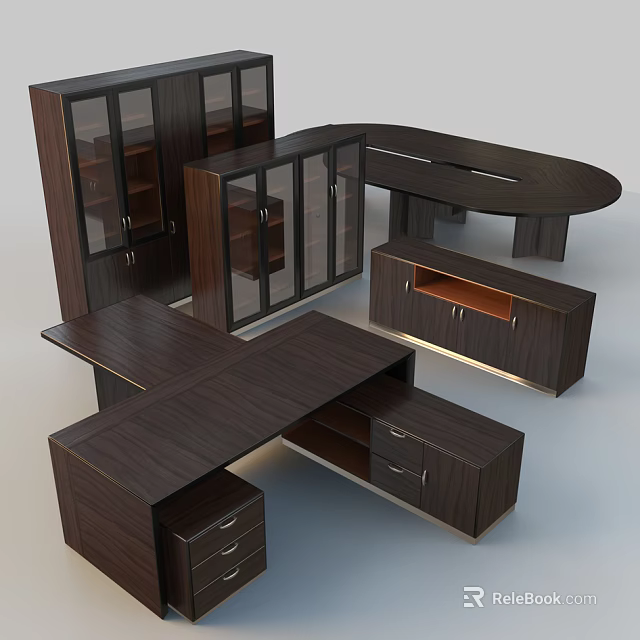 Dark Wood Office Desk With Storage Cabinets Drawers And Furniture Set 3d model 