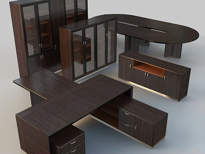 Dark Wood Office Desk With Storage Cabinets Drawers And Furniture Set 3d model