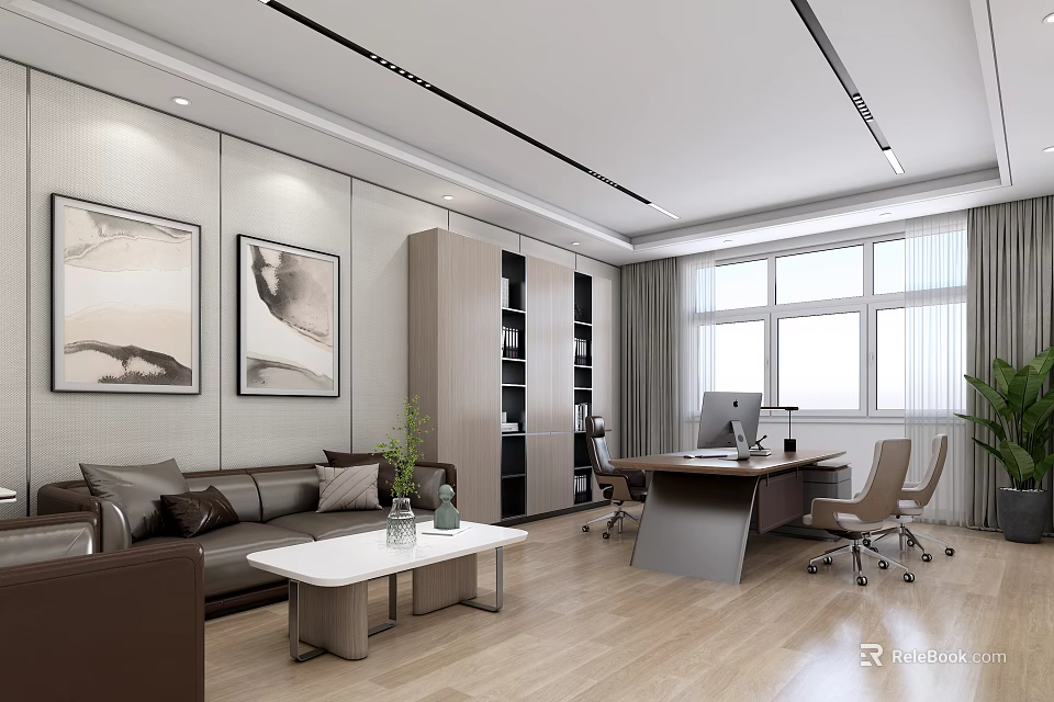 Modern Office Interior With Sofa Coffee Table Bookshelf Desk Computer And Window On Wooden Floor 3d model 