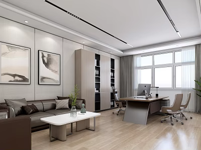 Modern Office Interior With Sofa Coffee Table Bookshelf Desk Computer And Window On Wooden Floor 3d model