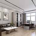 Modern Office Interior With Sofa Coffee Table Bookshelf Desk Computer And Window On Wooden Floor