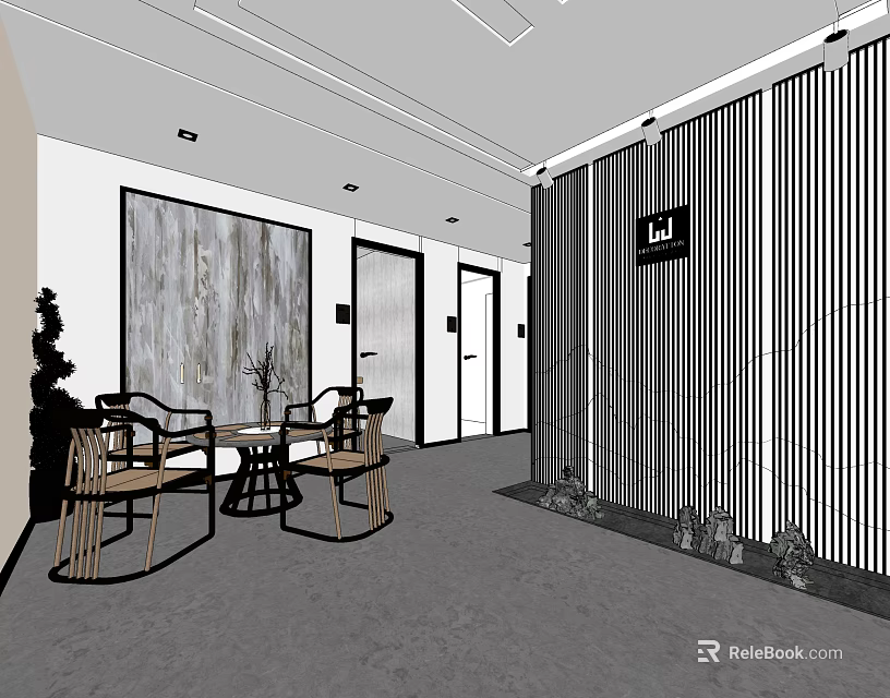 Modern Public Office Space With Wooden Tables Chairs Decorative Painting And Vertical Partition 3d model 