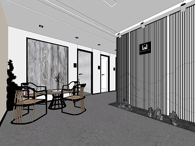 Modern Public Office Space With Wooden Tables Chairs Decorative Painting And Vertical Partition 3d model