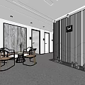 Modern Public Office Space With Wooden Tables Chairs Decorative Painting And Vertical Partition