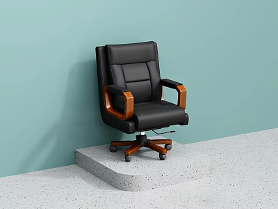 Black Leather Office Chair With Wooden Armrests And Wheels On Light Colored Platform 3d model