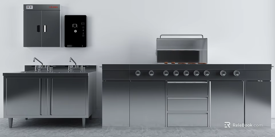 Modern Kitchen Interior With Stainless Steel Appliances Stove Sink And Cabinets 3d model 