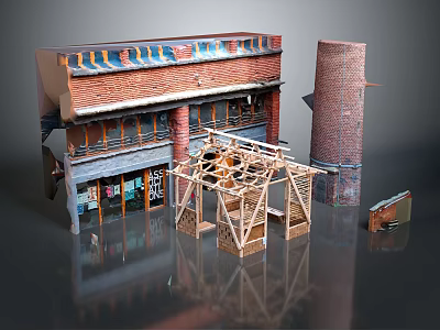 Cartoon Style Building Construction Scene With Red Brick Structure And Wooden Scaffolding 3d model