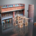 Cartoon Style Building Construction Scene With Red Brick Structure And Wooden Scaffolding