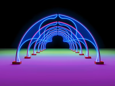 Elevator Corridor With Futuristic Blue Red Neon Arched Tunnel Structures And Colorful Gradient Floor 3d model
