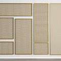 Various Beige Grid Patterned Fencing Panels with Golden Borders Arranged on White Background