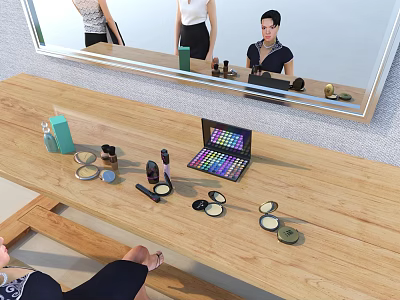 Perfume And Cosmetics Display On Wooden Table With Eyeshadow Palette Lipstick Compact And Mirror 3d model