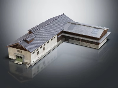 Traditional Wooden House Exterior With Gray Tile Roof And Attached Wing Structure 3d model