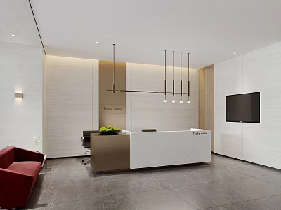 Elegant Modern Reception Desk Area With Marble Counter Red Sofa Wall TV And Pendant Lighting 3d model