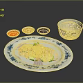 Sliced Chicken Served On Blue And White Plate With Small Condiment Bowls And Rice Bowl