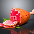 Fresh Ham Leg with Sliced Portions and Green Leaves on Dark Surface
