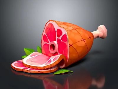 Fresh Ham Leg with Sliced Portions and Green Leaves on Dark Surface 3d model