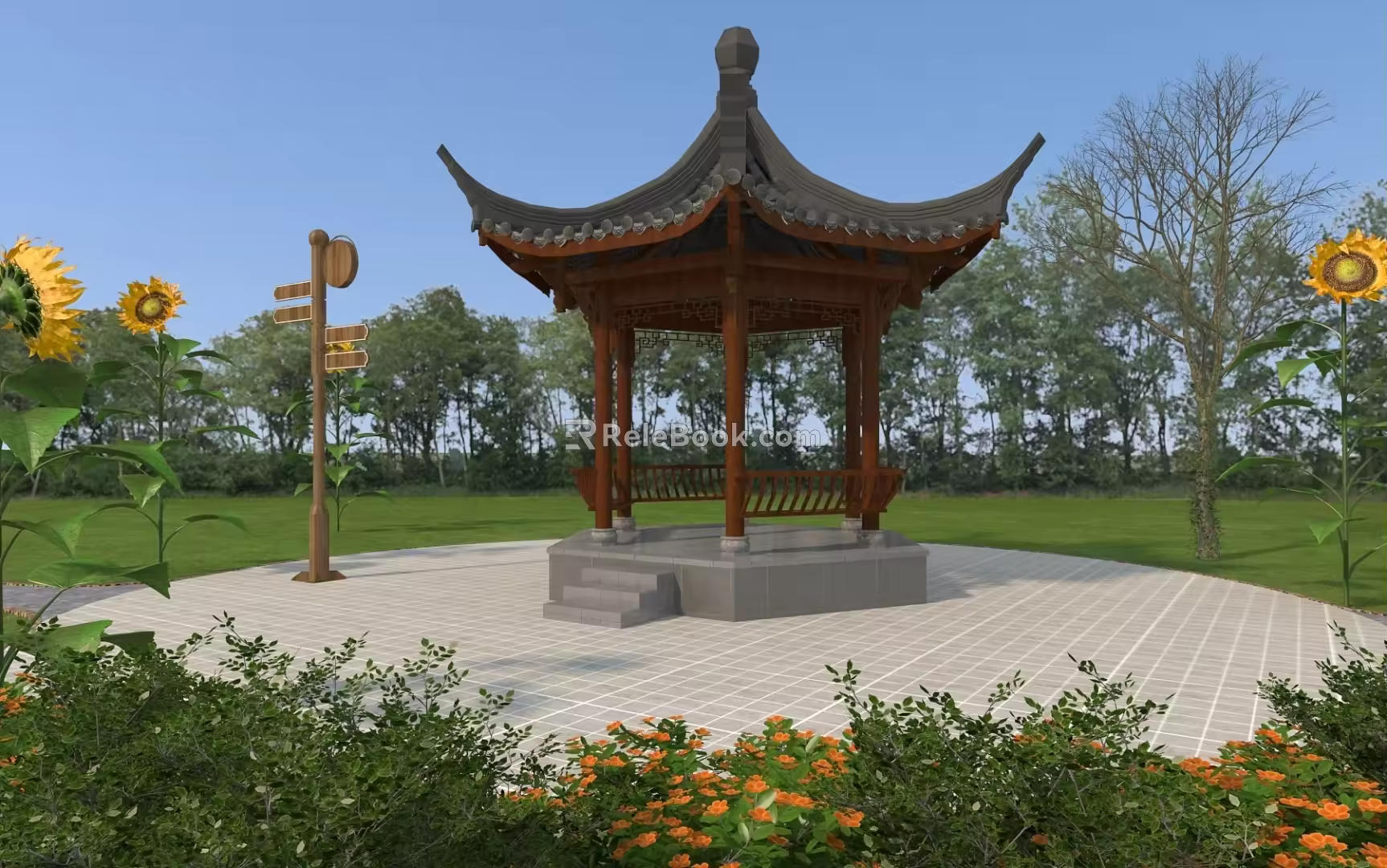 Modern park pavilion rest pavilion Chinese pavilion retro pavilion ethnic style pavilion rest stool park signage 3d model